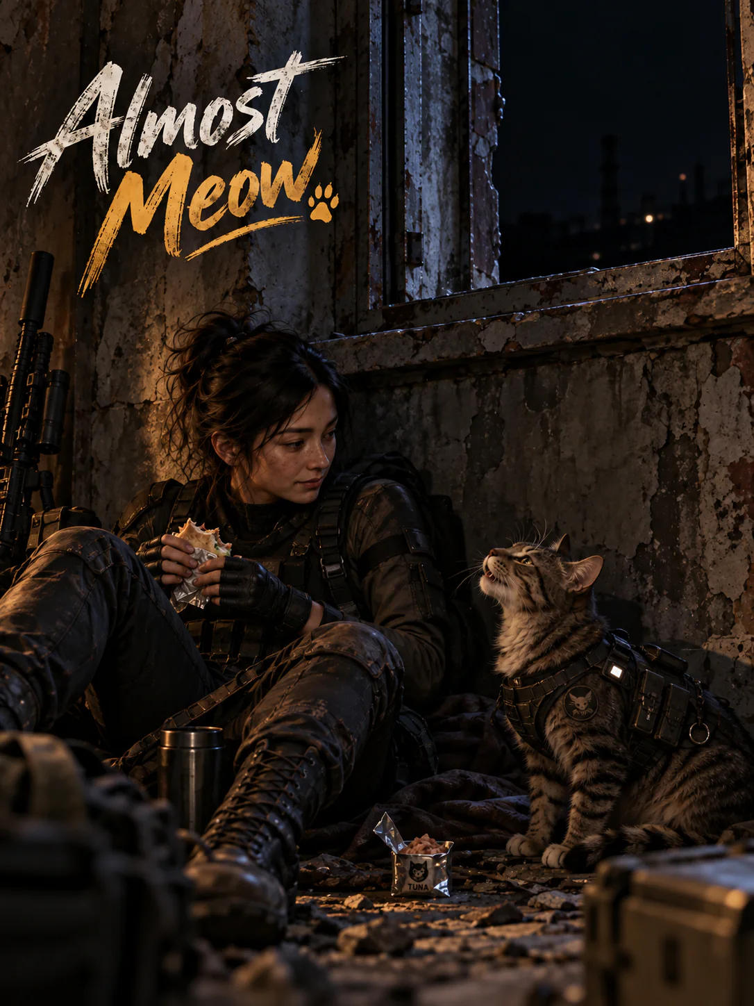 Tanya D’Gaul sits beside a broken window in a ruined Istanbul hideout, holding a crushed sandwich while K’hraal looks up at her beside an open tuna ration, under the title Almost Meow.